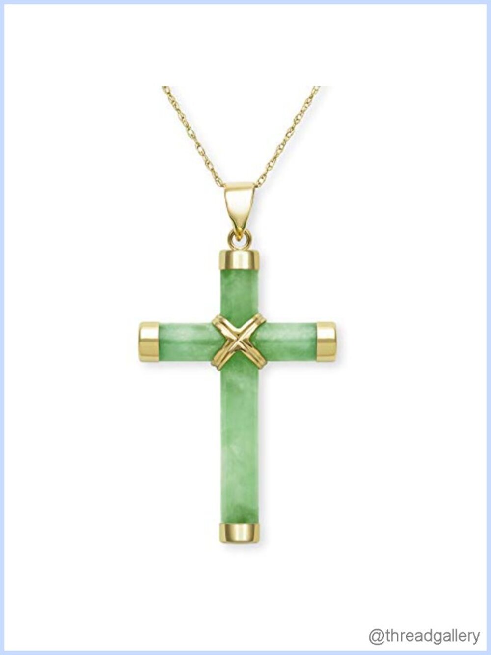 Natural Green Jade Cross Pendant Necklace 14K Yellow Gold French Rope Chain
